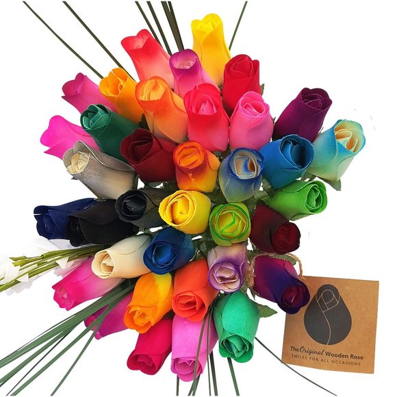 3 Dozen Vibrant Assorted Colors Flower Bouquet. The Original Wooden Rose. - Picture 1 of 8